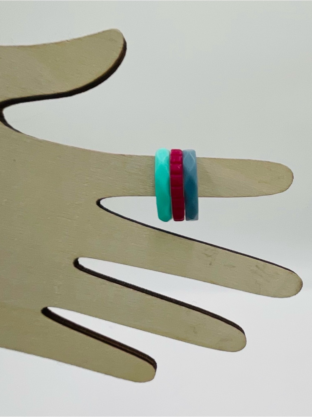 QALO Set of 3, Stackable Textured Silicone Rings in Aqua, Fuchsia, Blue Size 6 - Picture 2 of 7